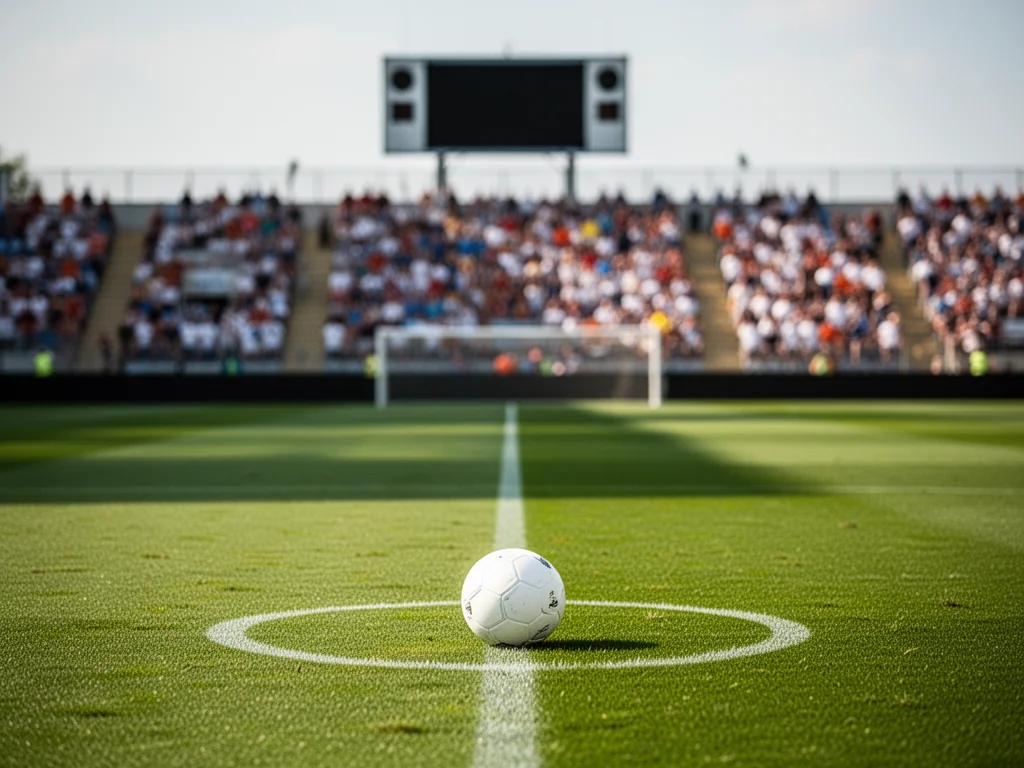 Piłka na środku zielonego boiska II ligi, w tle trybuny z kibicami i tablica wyników, nawiązanie do tabel i statystyk.