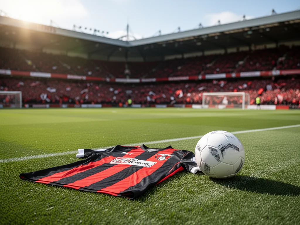 Koszulka A.F.C. Bournemouth na murawie stadionu z piłką, w tle trybuny w czerwono‑czarnych barwach, atmosfera meczu.