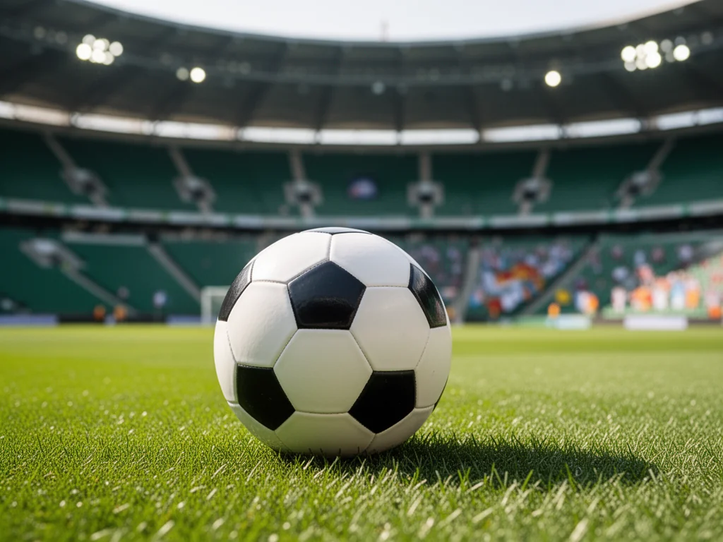 Piłka nożna na zielonej murawie stadionu GKS Tychy, w tle rozmyte trybuny i kibice, nawiązanie do bieżących wyników.