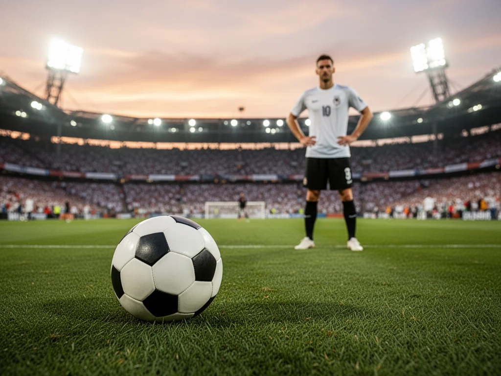 Piłkarz w biało-czarnym stroju Niemiec na murawie stadionu, piłka na pierwszym planie, tłum kibiców w tle.