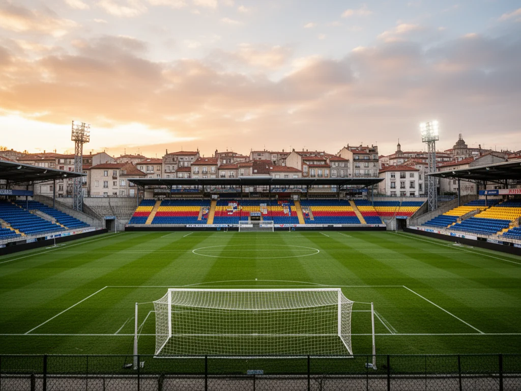 Nowoczesny stadion piłkarski Stali Stalowa Wola o zachodzie słońca, pustkie trybuny i bramka na zielonej murawie