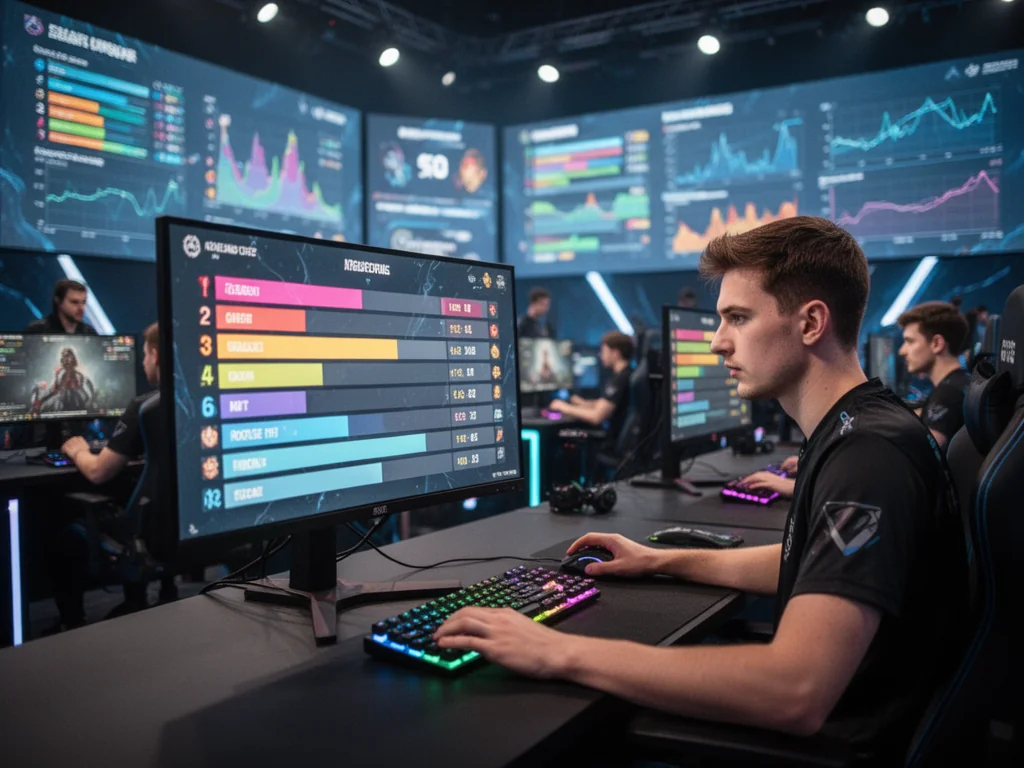 Gracz e-sportowy śledzi kolorową tabelę rankingową Pro League na monitorze w nowoczesnej gamingowej arenie.