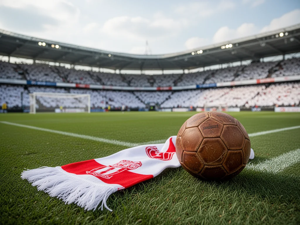 Stadion piłkarski ŁKS Łódź z szalikiem w barwach klubu i skórzaną piłką na murawie, w tle trybuny i bramka