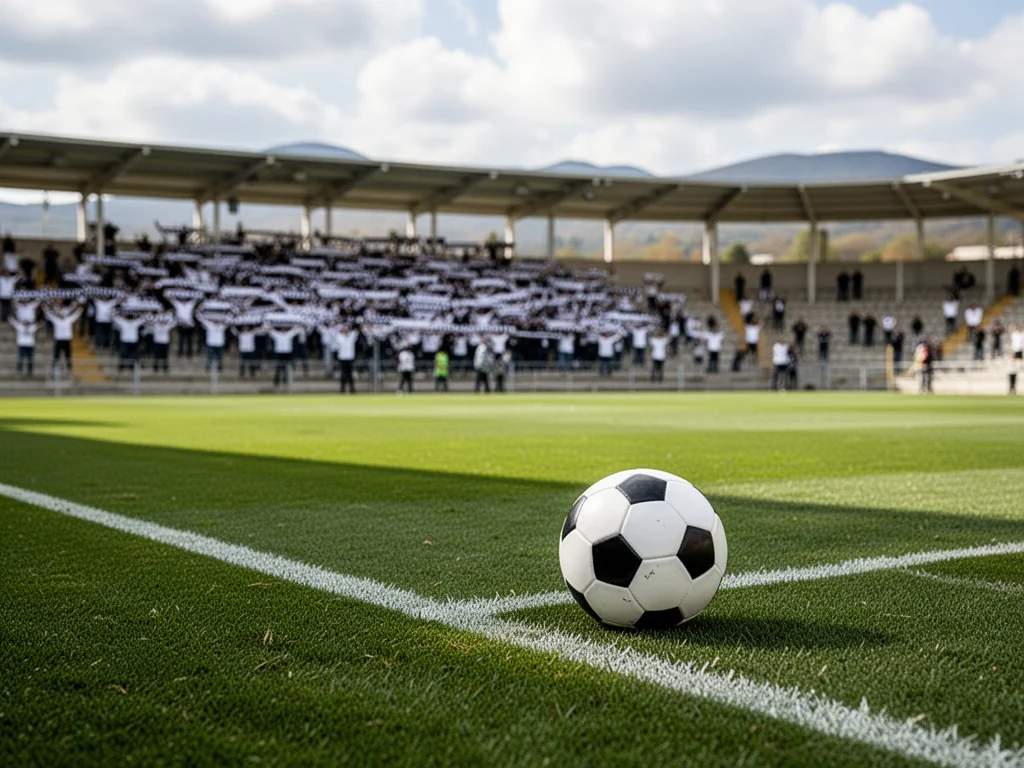 Piłka na zielonej murawie stadionu Sandecji Nowy Sącz, w tle kibice w biało‑czarnych szalikach na trybunach.