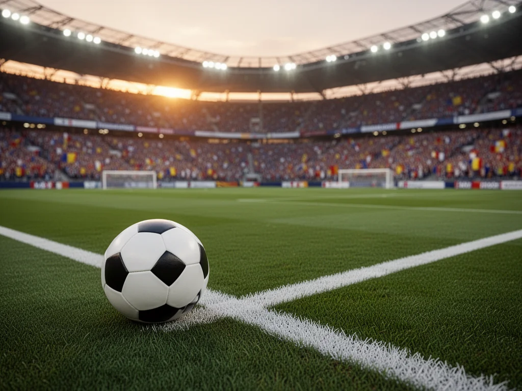 Piłka na linii bocznej boiska w nowoczesnym stadionie, trybuny pełne kibiców podkreślają atmosferę mistrzostw Europy
