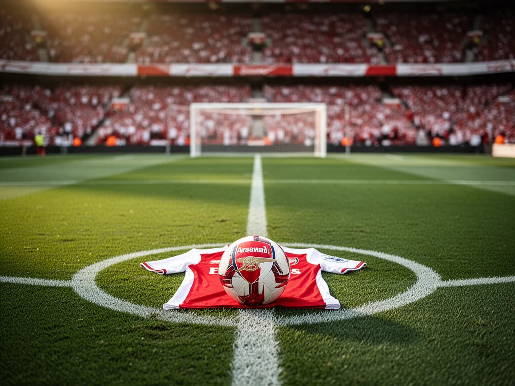 Koszulka w barwach Arsenalu i piłka na środku boiska, w tle stadion pełen kibiców w czerwono-białych barwach.