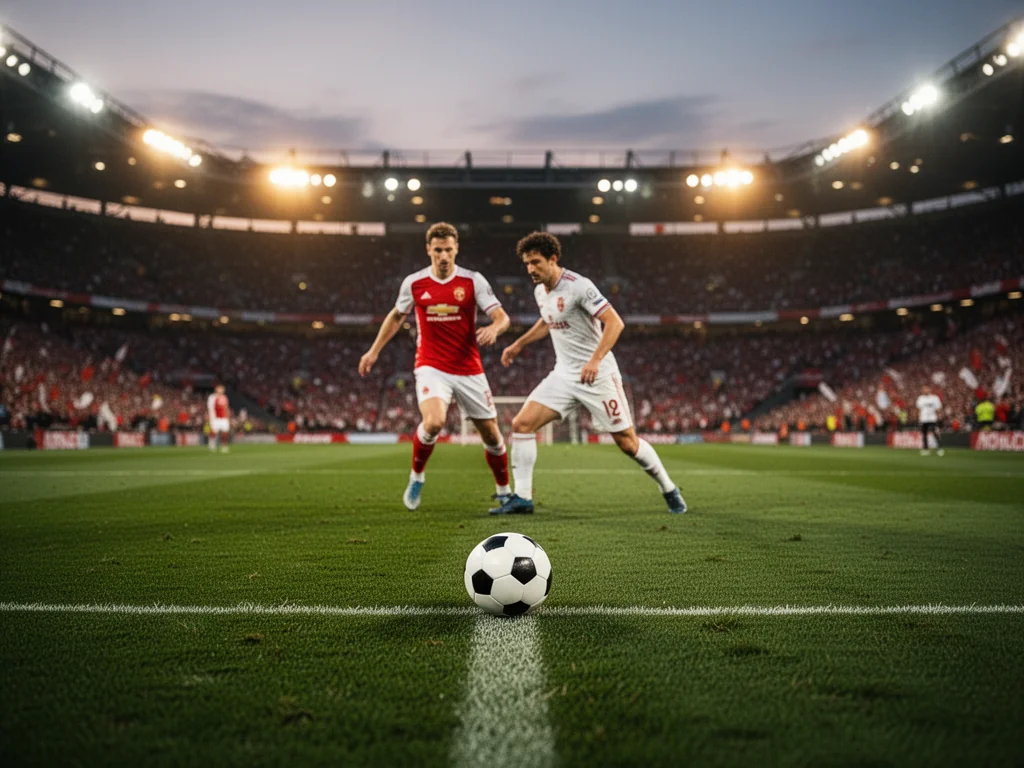 Dwóch piłkarzy walczy o piłkę na murawie stadionu o zmierzchu, oddając atmosferę meczu Sevilla FC – Real Madryt.