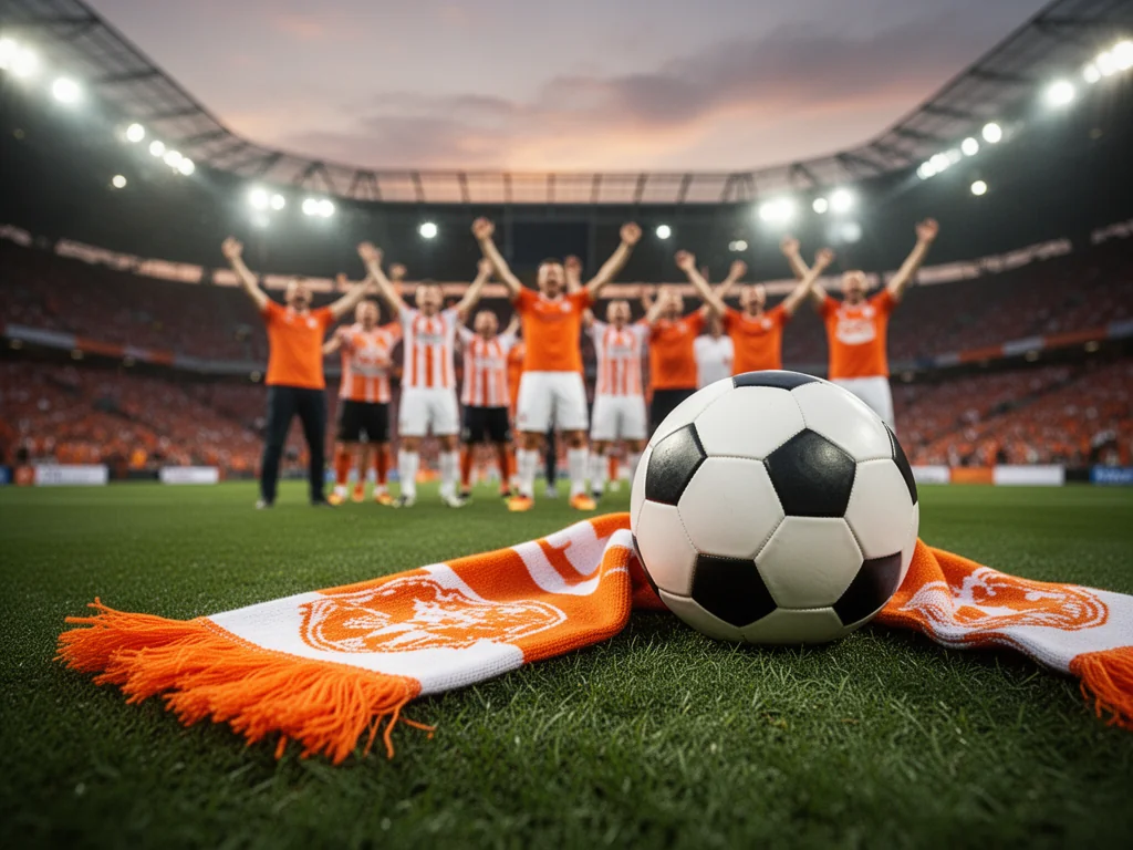 Szalik i piłka na murawie stadionu, w tle kibice Valencii świętujący sukcesy klubu w wieczornym świetle.