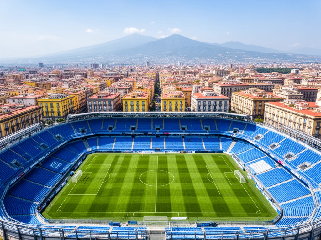 Panorama stadionu Napoli z zieloną murawą, otoczonego zabudową miasta i górami w tle, w słoneczny dzień.