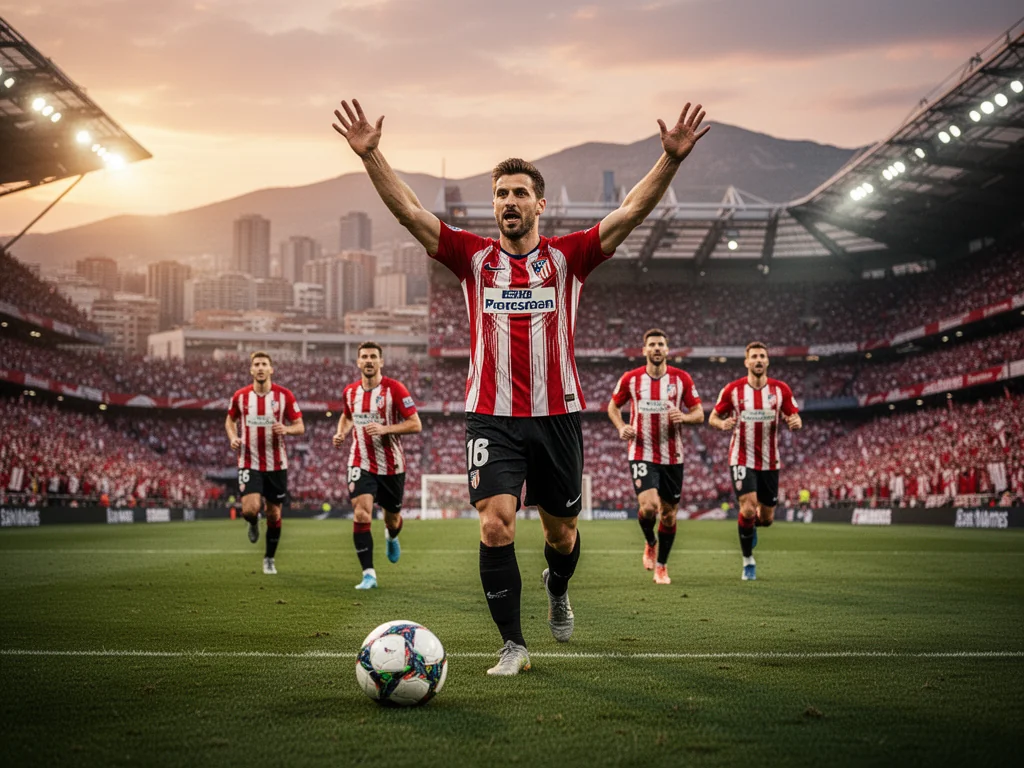 Piłkarz Athletic Bilbao w czerwono-białej koszulce świętuje gola na San Mamés przy dopingu pełnych trybun o zachodzie słońca.