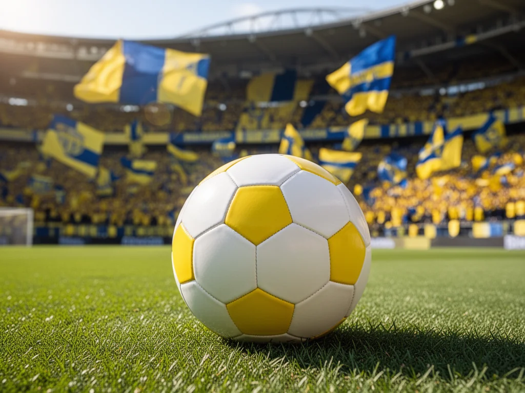 Piłka na murawie stadionu, w tle żółto‑niebiescy kibice Motoru Lublin tworzą dynamiczną, pełną energii atmosferę.