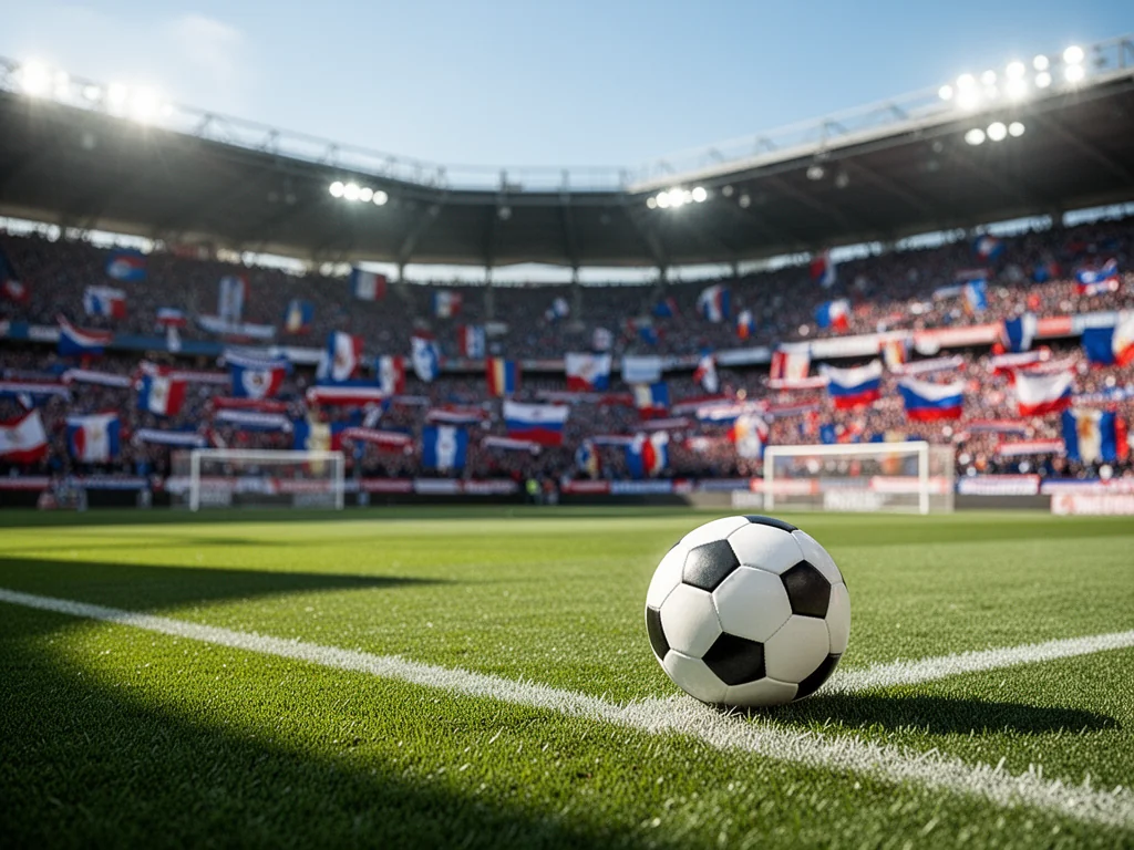 Piłka nożna na zielonej murawie stadionu, w tle kibice w barwach niebiesko‑czerwonych, atmosfera meczu Piasta Gliwice