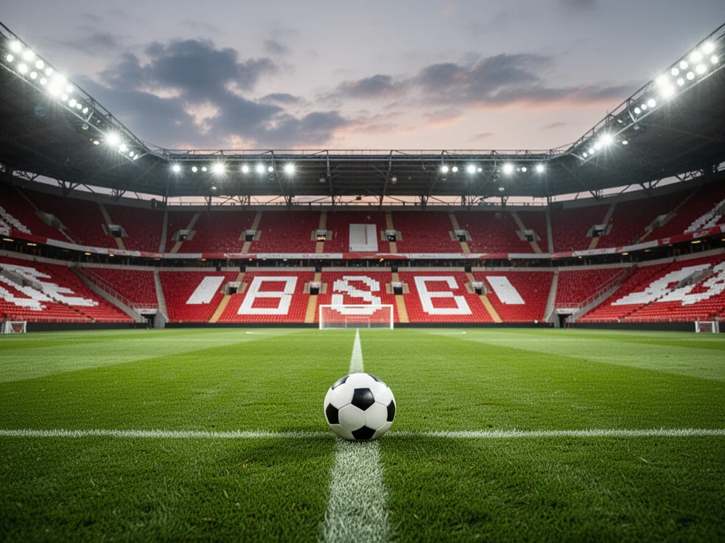 Piłka na murawie nowoczesnego stadionu piłkarskiego, tło z pustymi trybunami, atmosfera meczu Lille OSC