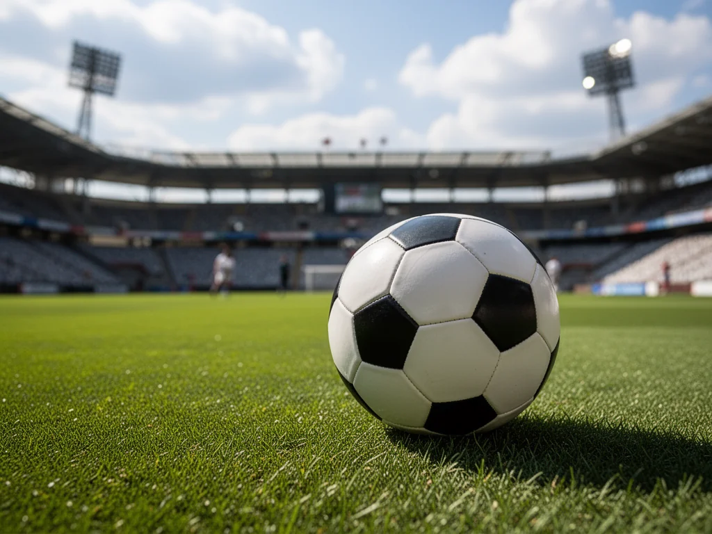 Piłka nożna na murawie stadionu, symbolizująca mecze i aktualne wyniki Hutnika Kraków.