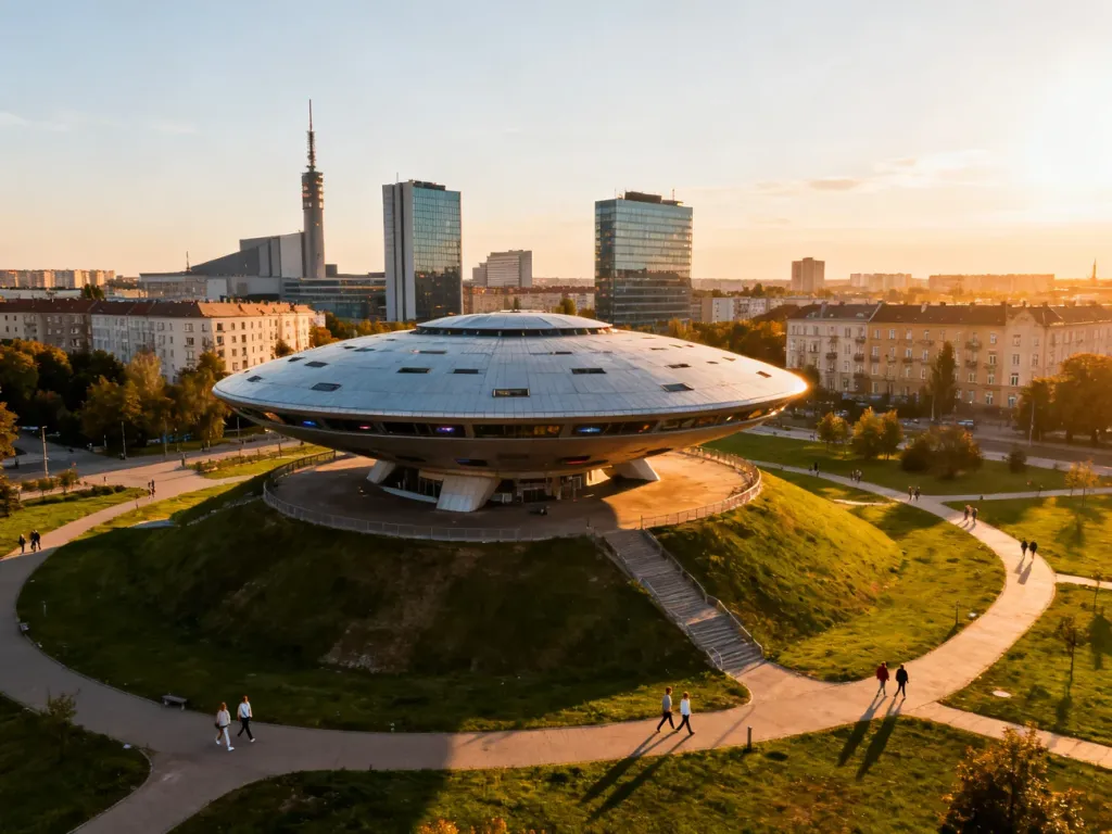 Panorama centrum Katowic o złotej godzinie z dominującym Spodkiem i otaczającą zielenią, w tle nowoczesna zabudowa miasta, no text on the picture
