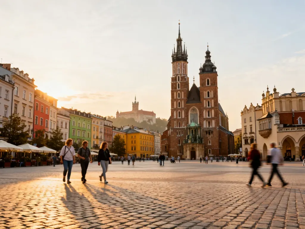 Rynek Główny w Krakowie o złotej godzinie z widokiem na Sukiennice i Kościół Mariacki, spacerujący turyści, no text on the picture